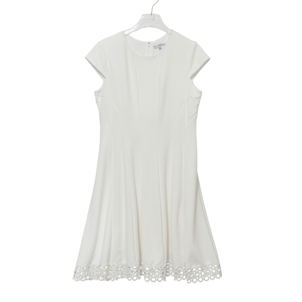 Sandra Darren - Size 14 -White Textured Fit and Flare Dress with Eyelet Lace Hem